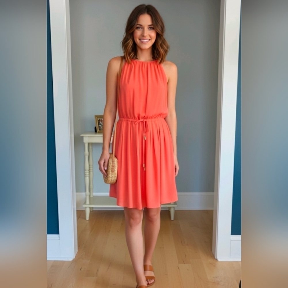Banana Republic Summer Halter Neck Sleeveless Chiffon Dress Sz 12 Coral Color